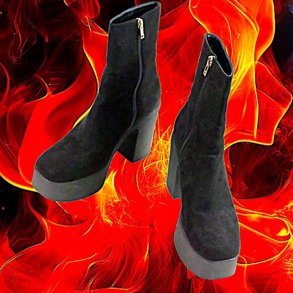 Lamoda Platform Chunky Heel Black Faux Suede Leather Mid Calf Boot, Size… - Picture 1 of 8